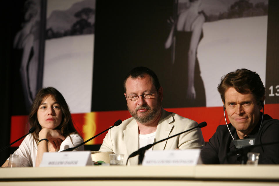 CANNES, FRANCE - MAY 18: (L-R) Actress Charlotte Gainsbourg, director Lars Von Trier and actor Willem Dafoe attend the 'Antichrist' press conference held at the Palais Des Festivals during the 62nd International Cannes Film Festival on May 18, 2009 in Cannes, France. (Photo by Jean Baptiste Lacroix/WireImage)