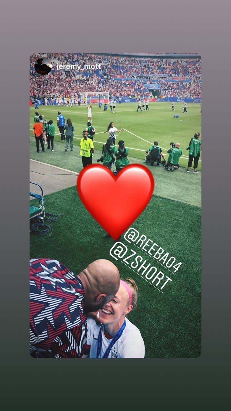 Defender Becky Sauerbrunn shares a photo featuring her celebrating the USWNT World Cup victory with boyfriend Zola Short. (@reeba04/Instagram)