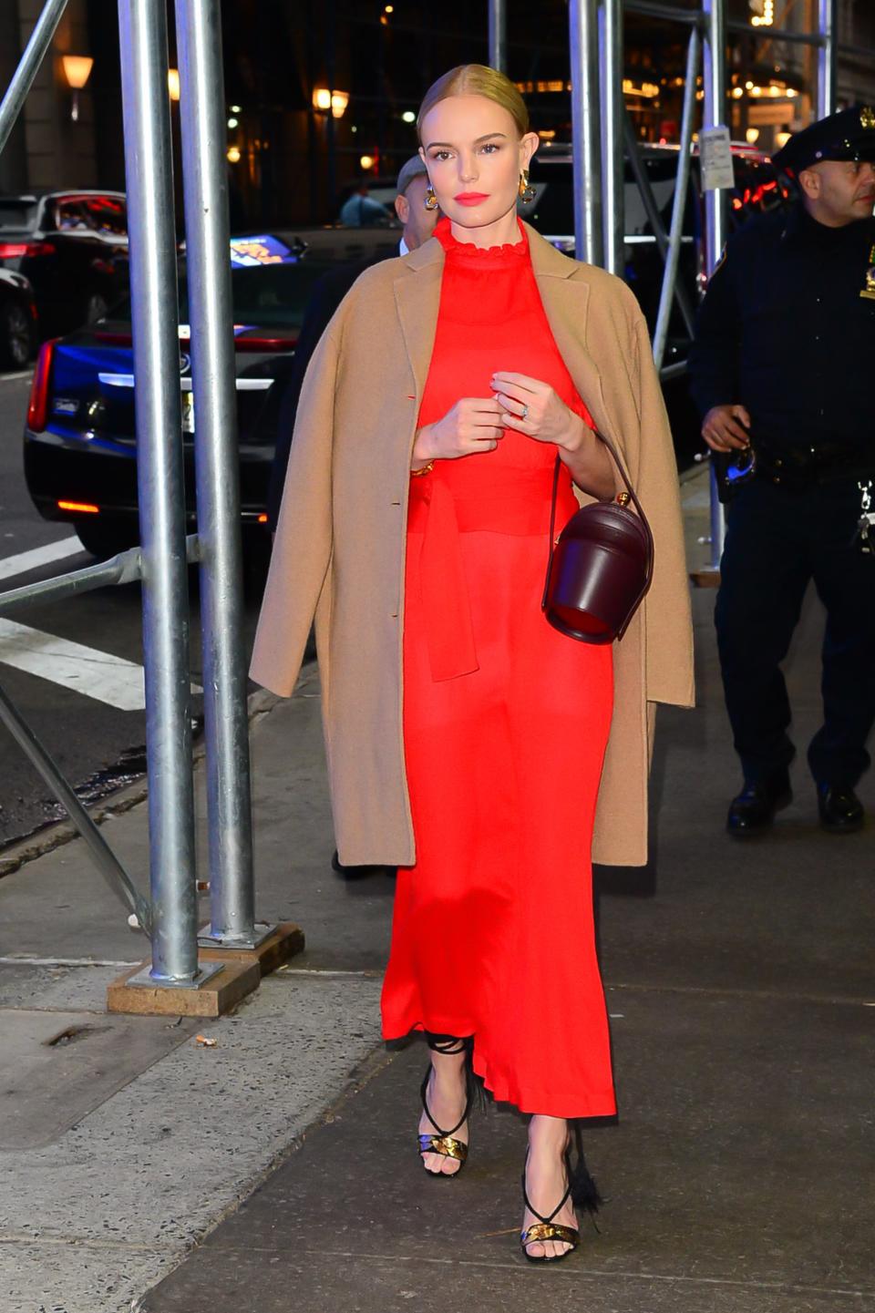 WHO: Kate Bosworth<br> WHAT: Mansur Gavriel coat, Victoria Beckham, Jennifer Fisher jewelry, Gabriela Hearst bag<br> WHERE: On the street, New York City<br> WHEN: November 6, 2017