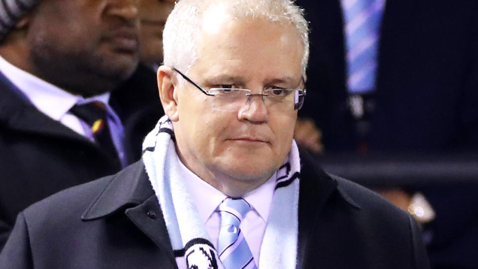 Scott Morrison, pictured here at a Cronulla Sharks game in 2019.