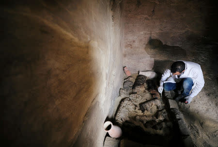 An Egyptian archaeologist works on the mummified cats inside the tomb of Khufu-Imhat, at the Saqqara area near its necropolis, in Giza, Egypt November 10, 2018. REUTERS/Mohamed Abd El Ghany