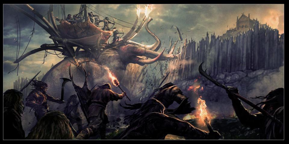 Men on the back of an Oliphant fight in concept art for The Lord of the Rings: The War of the Rohirrim
