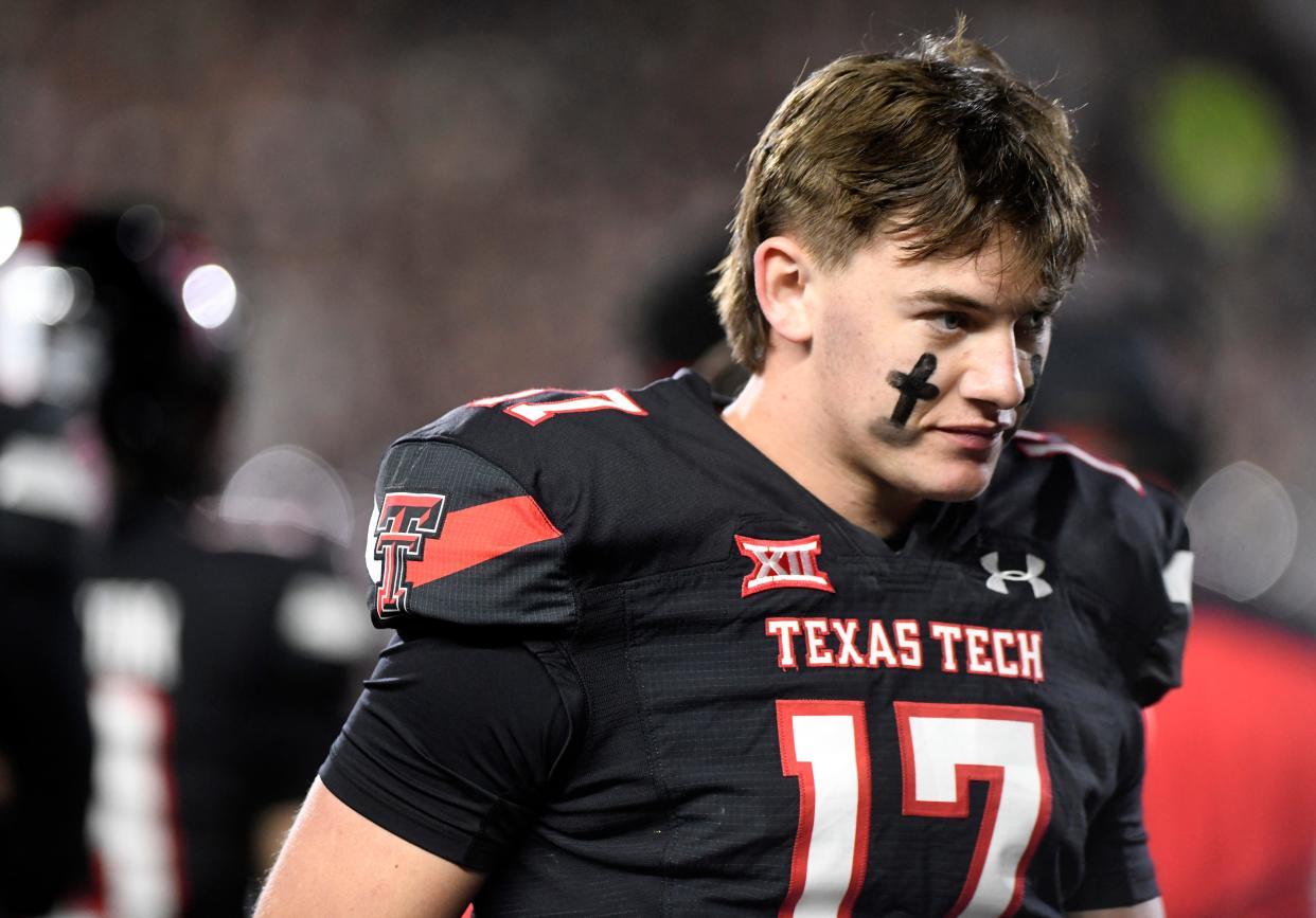 Texas Tech's quarterback Jake Strong (17) walks along the sidelines during the Big 12 conference football game against Kansas State, Saturday, Oct. 14, 2023, at Jones AT&T Stadium.