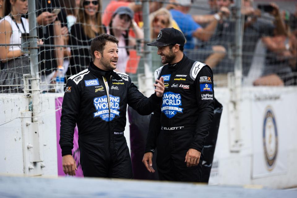 (L-R) Marco Andretti and Chase Elliott talk before the SRX race at Nashville Fairgrounds Speedway, Saturday, July 17, 2021.