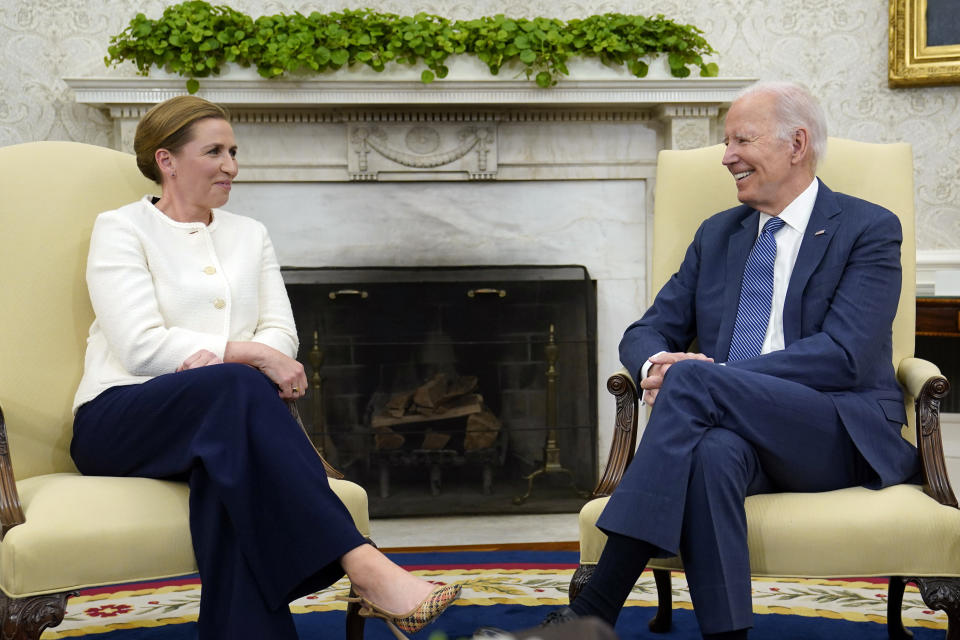 President Joe Biden meets with Denmark's Prime Minister Mette Frederiksen in the Oval Office of the White House in Washington, Monday, June 5, 2023. (AP Photo/Susan Walsh)