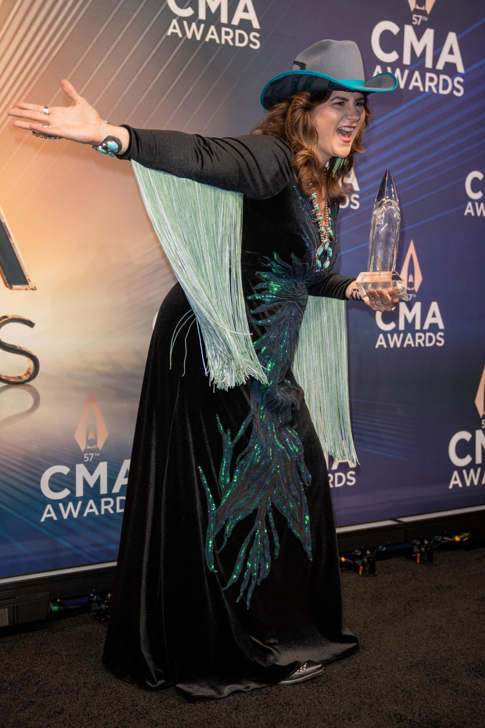 Jenee Fleenor celebrates with her Musician of the Year award in the backstage media center.