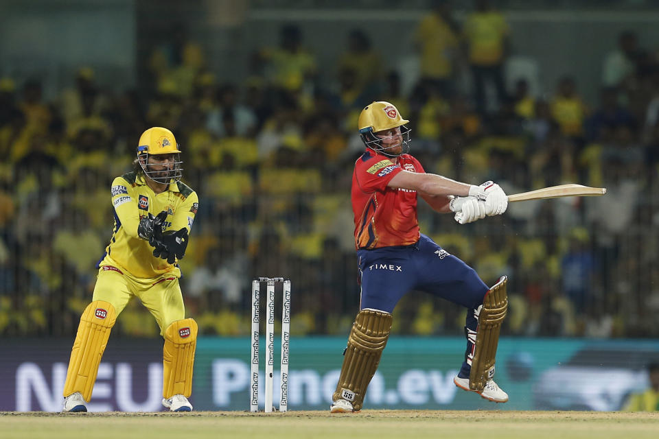 Punjab Kings' Jonny Bairstow bats during the Indian Premier League cricket match between Chennai Super Kings and Punjab Kings in Chennai, India, Wednesday, May 1, 2024. (AP Photo/R. Parthibhan)