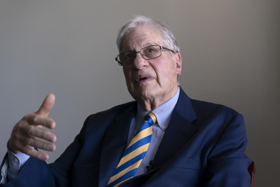 Attorney Joel Finkelstein, who was present at the signing of the Voting Rights Act of 1965, reflects on that historic event and how the legislation was born, during an interview with The Associated Press at his office in Rockville, Md., April 13, 2023. Finkelstein began his career as a young lawyer in the Civil Rights Division of the Department of Justice in 1964. (AP Photo/J. Scott Applewhite)