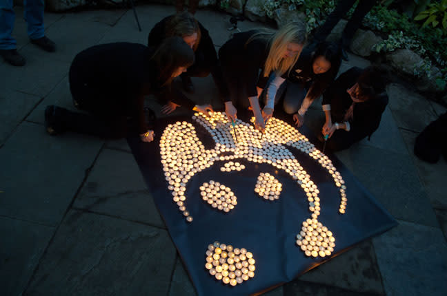 Lighting soya candles to create a candlelit WWF panda logo for Earth Hour 2011at Allan Gardens, Toronto, Ontario, Canada.