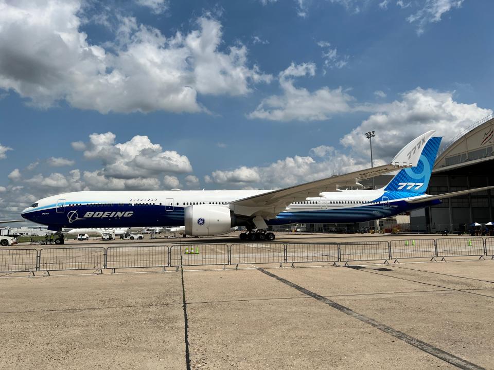A side view of a Boeing 777-9 parked at Le Bourget Airport during the Paris Air Show