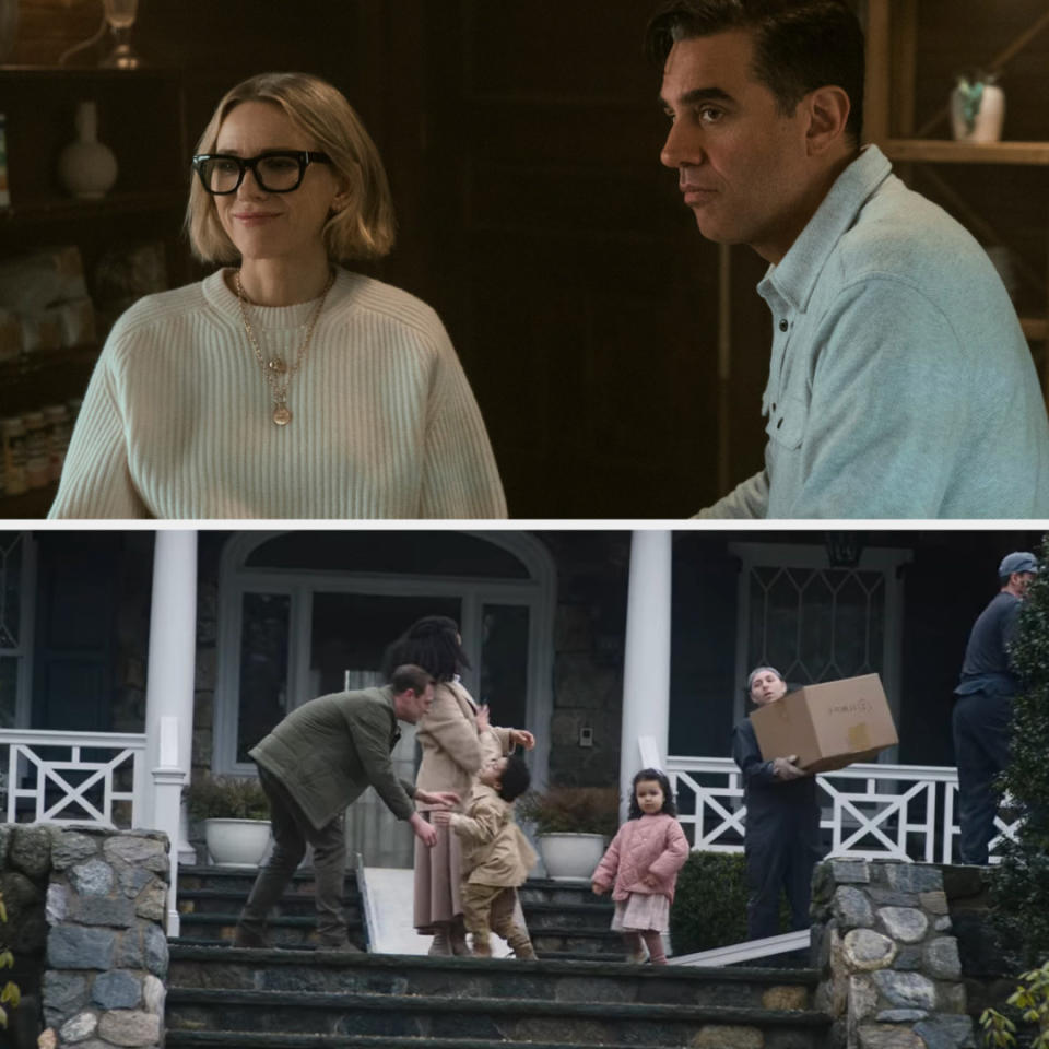 Watts and Cannavale with their children outside a house in "The Watcher"