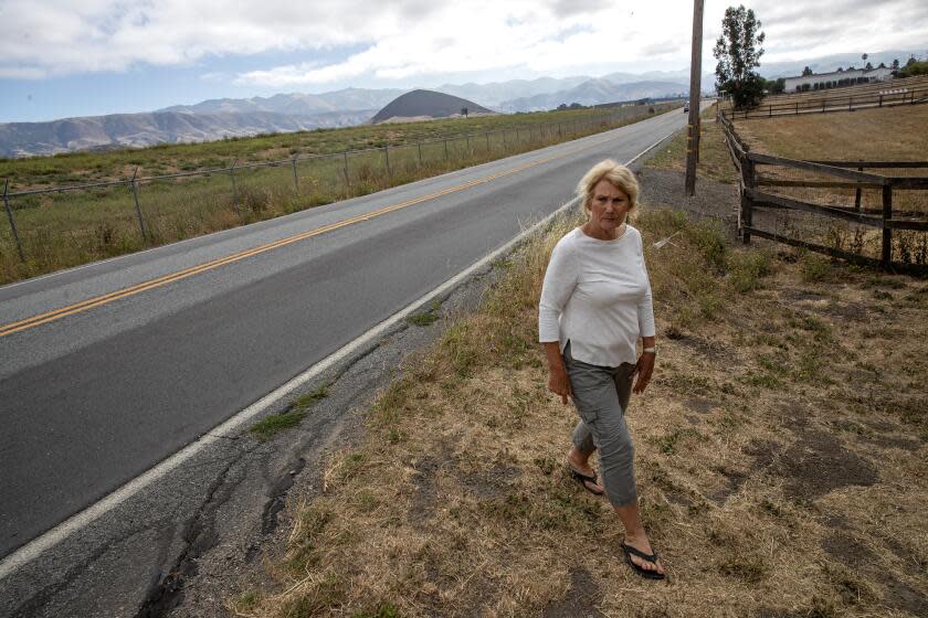 San Luis Obispo, CA - August 02: San Luis Obispo resident Kathy Borland at her Buckley Road home across from SLO Regional Airport, left, where her well water has been contaminated with high levels of PFAS chemicals from firefighting foam that for years was used in training exercises at the airport on Wednesday, Aug. 2, 2023 in San Luis Obispo, CA. (Brian van der Brug / Los Angeles Times)