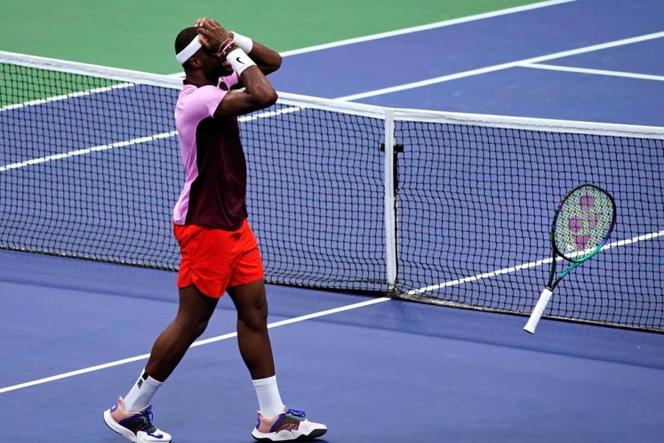 Frances Tiafoe reacts to beating Rafael Nadal (Eduardo Munoz Alvarez/AP) (AP)
