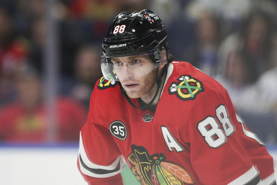 Chicago Blackhawks right wing Patrick Kane (88) waits for a faceoff during the second period of the team's NHL hockey game against the Buffalo Sabres on Friday, April 29, 2022, in Buffalo, N.Y. (AP Photo/Joshua Bessex)