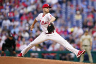 Philadelphia Phillies' Zack Wheeler pitches during the second inning of a baseball game against the San Diego Padres, Wednesday, May 18, 2022, in Philadelphia. (AP Photo/Matt Slocum)
