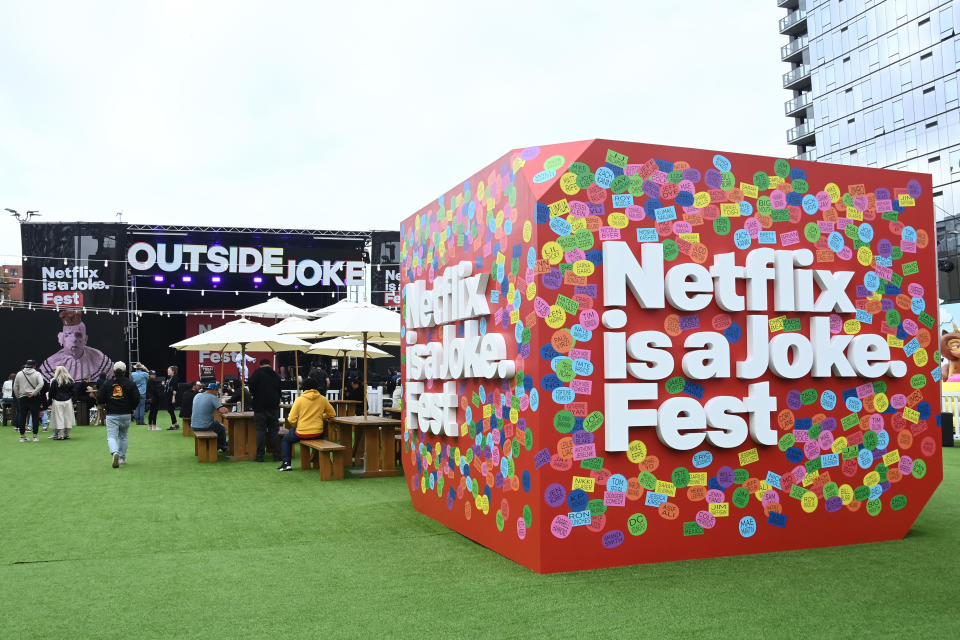 LOS ANGELES, CALIFORNIA - MAY 10: Netflix Is A Joke Festival: Outside Joke signage at Hollywood Palladium on May 10, 2024 in Los Angeles, California. (Photo by Araya Doheny/Getty Images for Netflix)