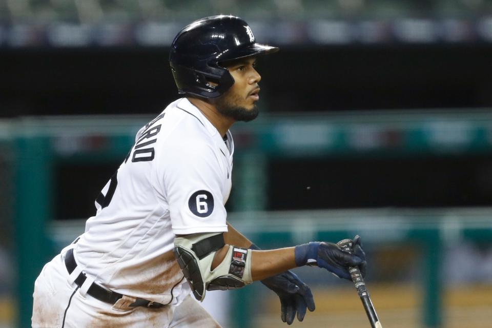 Tigers first baseman Jeimer Candelario hits a RBI single during the sixth inning of the Tigers' 7-6 win over the Cubs on Wednesday, Aug. 26, 2020, at Comerica Park.