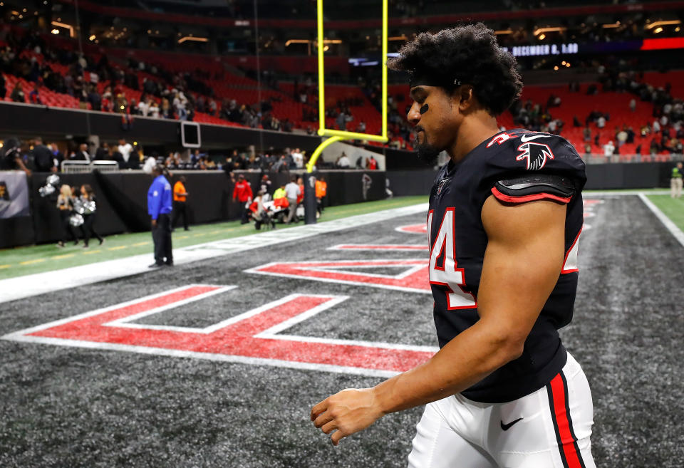 Vic Beasley #44 of the Atlanta Falcons reacts as he walks off the field after their 26-18 loss to the New Orleans Saints at Mercedes-Benz Stadium on November 28, 2019 in Atlanta, Georgia. (Photo by Kevin C. Cox/Getty Images)