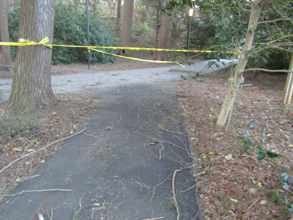 A picture of police tape at Biltmore from the North Carolina Department of Labor's investigation into the death of Jerrilyn Musachia.