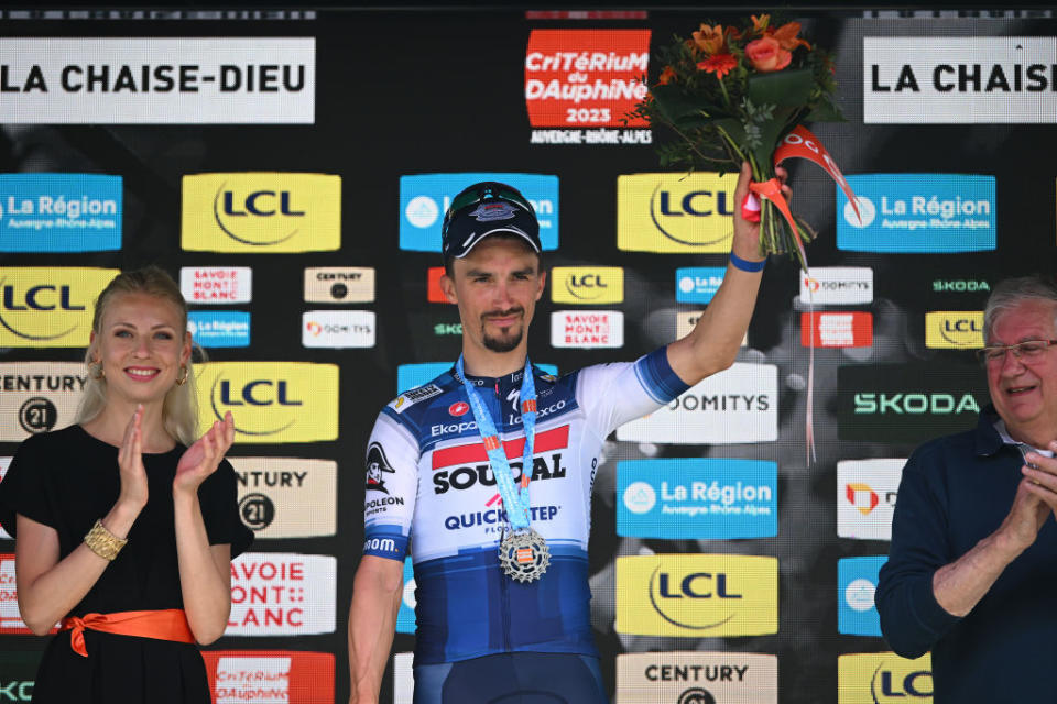 LA CHAISEDIEU FRANCE  JUNE 05 Julian Alaphilippe of France and Team Soudal  Quick Step celebrates at podium as stage winner during the 75th Criterium du Dauphine 2023 Stage 2 a 1673km stage from BrassaclesMines to La ChaiseDieu 1080m  UCIWT  on June 05 2023 in La ChaiseDieu France Photo by Dario BelingheriGetty Images