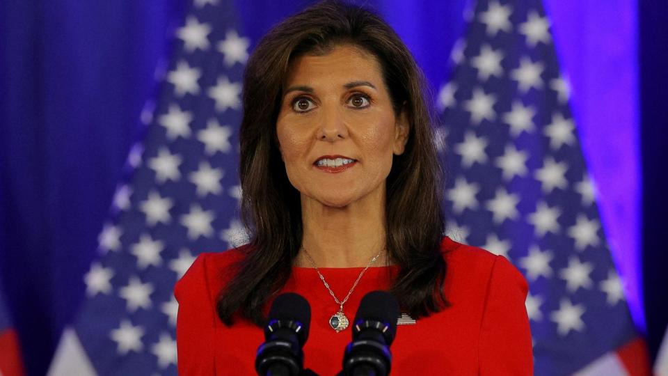 PHOTO: In this March 6, 2024 file photo Republican presidential candidate and former Ambassador to the United Nations Nikki Haley speaks as she announces she is suspending her campaign, in Charleston, S.C. (Brian Snyder/Reuters, FILE)