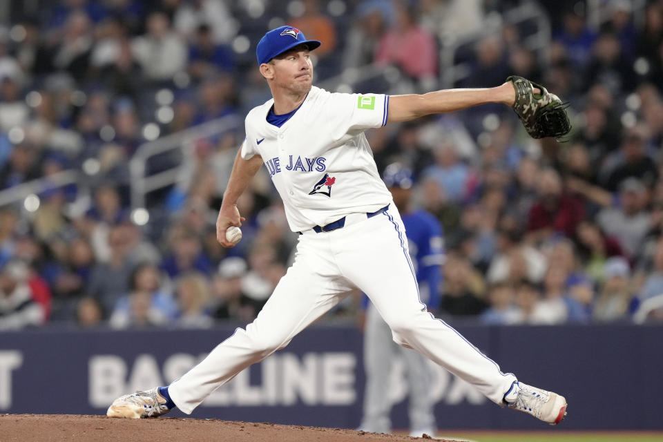 Toronto Blue Jays pitcher Chris Bassitt (40) works against the Kansas City Royals during the first inning of a baseball game in Toronto, Wednesday, May 1, 2024. (Chris Young/The Canadian Press via AP)