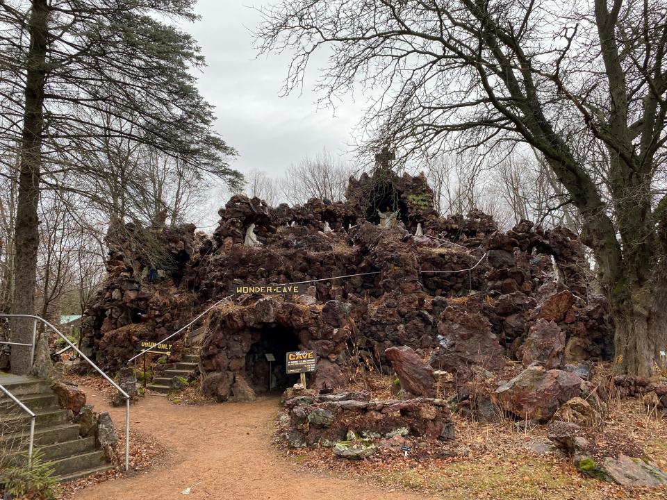 The Wonder Cave, hand built by the Rev. Philip Wagner and other volunteers, looms at the center of the Rudolph Grotto Gardens.