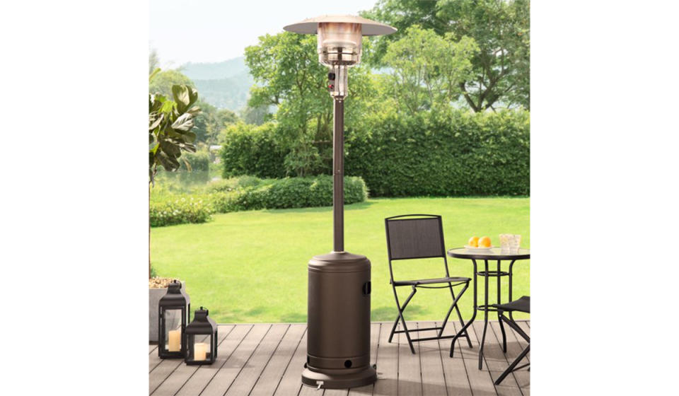 Bronze freestanding heater on back patio