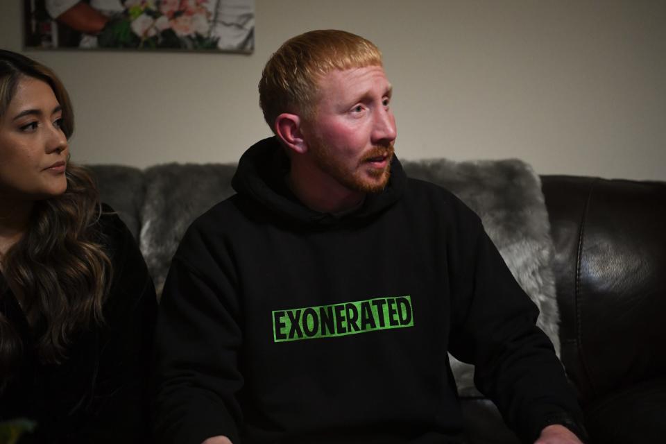 Adam Braseel and his wife Racquel sit in their Jacksboro apartment early this year. Braseel was exonerated after spending a dozen years in prison for a killing he did not commit.