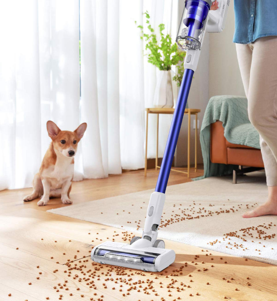 Even spilled dog food is no match for the Eufy HomeVac S11. (Photo: Amazon)