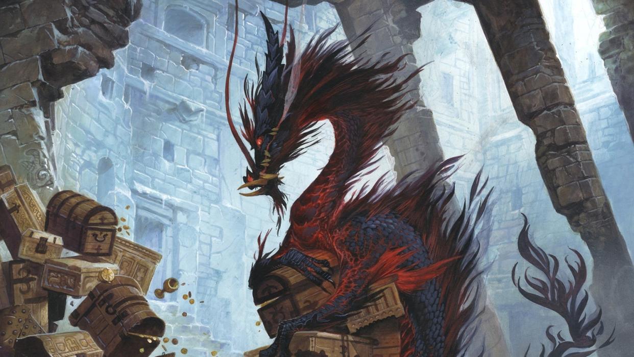  Art of a dragon from TRPG Pathfinder. It is sitting atop a pile of treasure chests. 