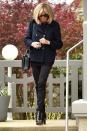 <p>In a navy coat with black jeans and leather ankle boots while leaving her home in Le Touquet, France.</p>