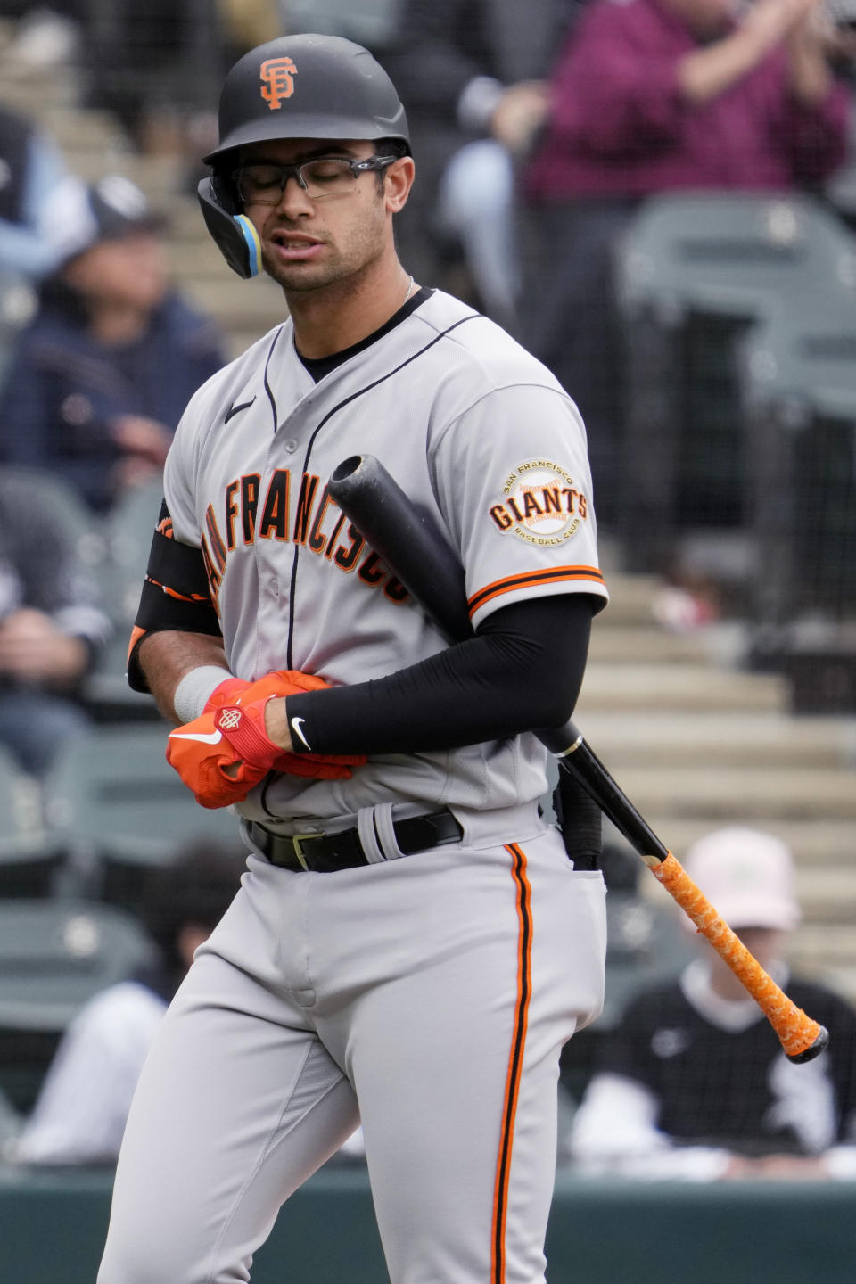 San Francisco Giants' Blake Sabol reacts after striking out swinging during the fourth inning of a baseball game against the Chicago White Sox in Chicago, Wednesday, April 5, 2023. (AP Photo/Nam Y. Huh)