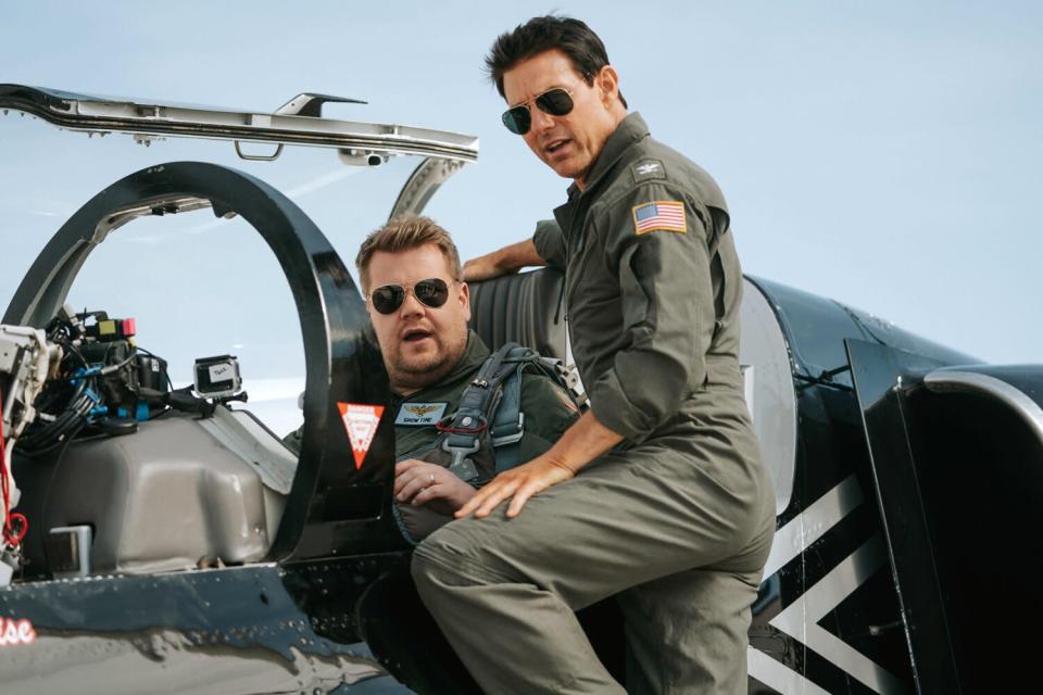 Tom Cruise teaches James Corden how to fly a Top Gun fighter jet during The Late Late Show with James Corden