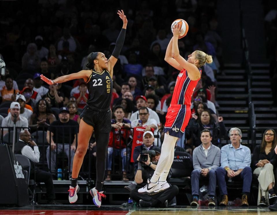 Elena Delle Donne of the Washington Mystics shoots against A'ja Wilson of the Las Vegas Aces in the third quarter of their game at Michelob ULTRA Arena on August 31, 2023 in Las Vegas, Nevada.