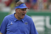 Florida head coach Dan Mullen reacts to a play during the second half of an NCAA college football game against South Florida Saturday, Sept. 11, 2021, in Tampa, Fla. (AP Photo/Chris O'Meara)