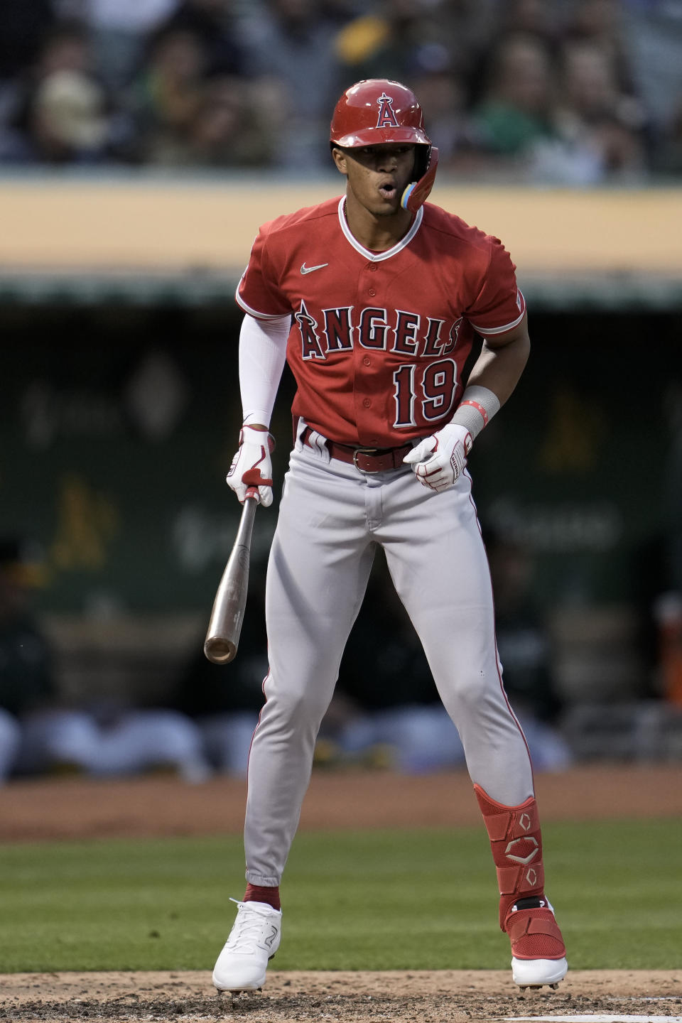 Los Angeles Angels' Kyren Paris reacts after being hit by a pitch during the third inning of a baseball game against the Oakland Athletics Friday, Sept. 1, 2023, in Oakland, Calif. (AP Photo/Godofredo A. Vásquez)