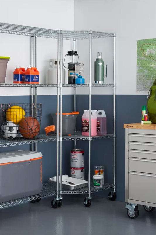 <p><strong><a class="link " href="https://www.wayfair.com/storage-organization/pdp/rebrilliant-nsf-corner-wire-wheeled-corner-77-h-4-shelf-shelving-unit-starter-rebr1583.html" rel="nofollow noopener" target="_blank" data-ylk="slk:BUY NOW;elm:context_link;itc:0;sec:content-canvas">BUY NOW</a> </strong><strong><em>$99, wayfair.com</em></strong><br></p><p>Sure, you may already have shelves, but wrapping a row of wire racks around a corner maximizes that tricky square footage. Add a <a href="https://www.amazon.com/Extra-Large-Round-Decorative-Storage/dp/B073TYTRR7/" rel="nofollow noopener" target="_blank" data-ylk="slk:big basket;elm:context_link;itc:0;sec:content-canvas" class="link ">big basket</a> for runaway basketballs.</p>