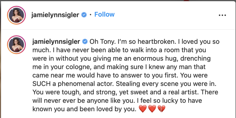Jamie Lynn Sigler shared a tribute to Tony Sirico on Instagram (Instageam)