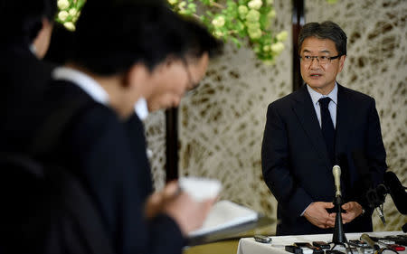 FILE PHOTO - U.S. Special Representative for North Korea Policy Joseph Yun (R) answers questions from reporters following meeting with Japan and South Korea chief nuclear negotiators to talk about North Korean issues at the Iikura guest house in Tokyo, Japan April 25, 2017. REUTERS/Toru Yamanaka/Pool/File Photo