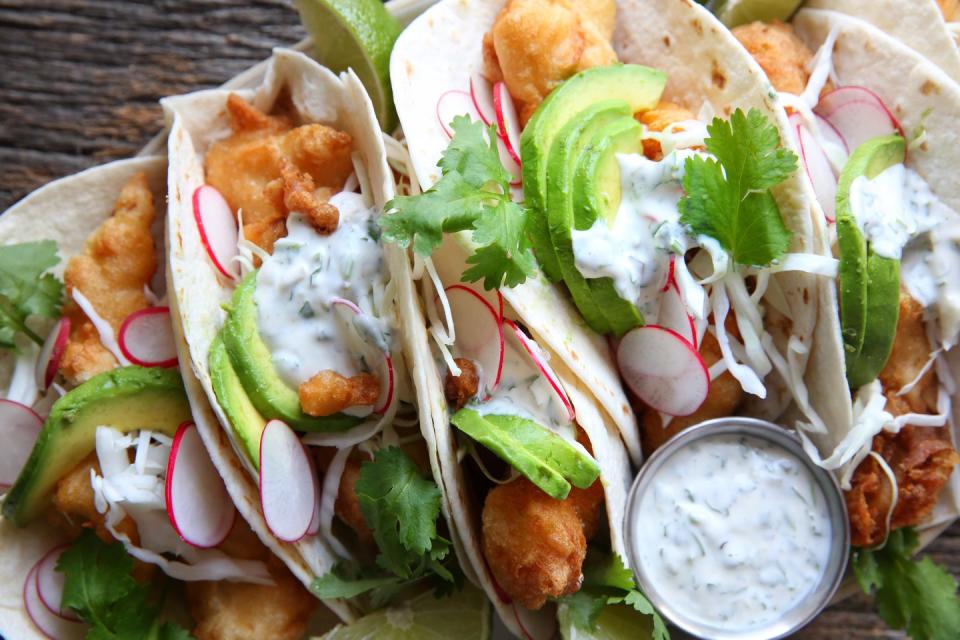 Beer-Battered Fish Tacos with Jalapeño Crema