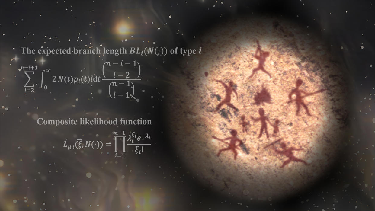  The image depicts a cliff painting, illustrating the population of human ancestor pull together to survive the unknown danger in the darkness during the ancient severe bottleneck. 