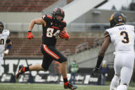 Oregon State tight end Teagan Quitoriano (84) squares off with California safety Elijah Hicks (3) during the second half of an NCAA college football game in Corvallis, Ore., Saturday, Nov. 21, 2020. Oregon State won 31-27. (AP Photo/Amanda Loman)