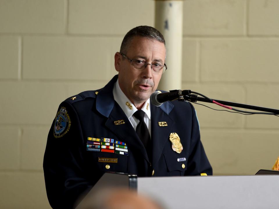 Salisbury Police Chief Meienschein gives a speech at his introductory press conference Thursday, Sept. 28, 2023, at the Salisbury Police Department in Salisbury, Maryland.