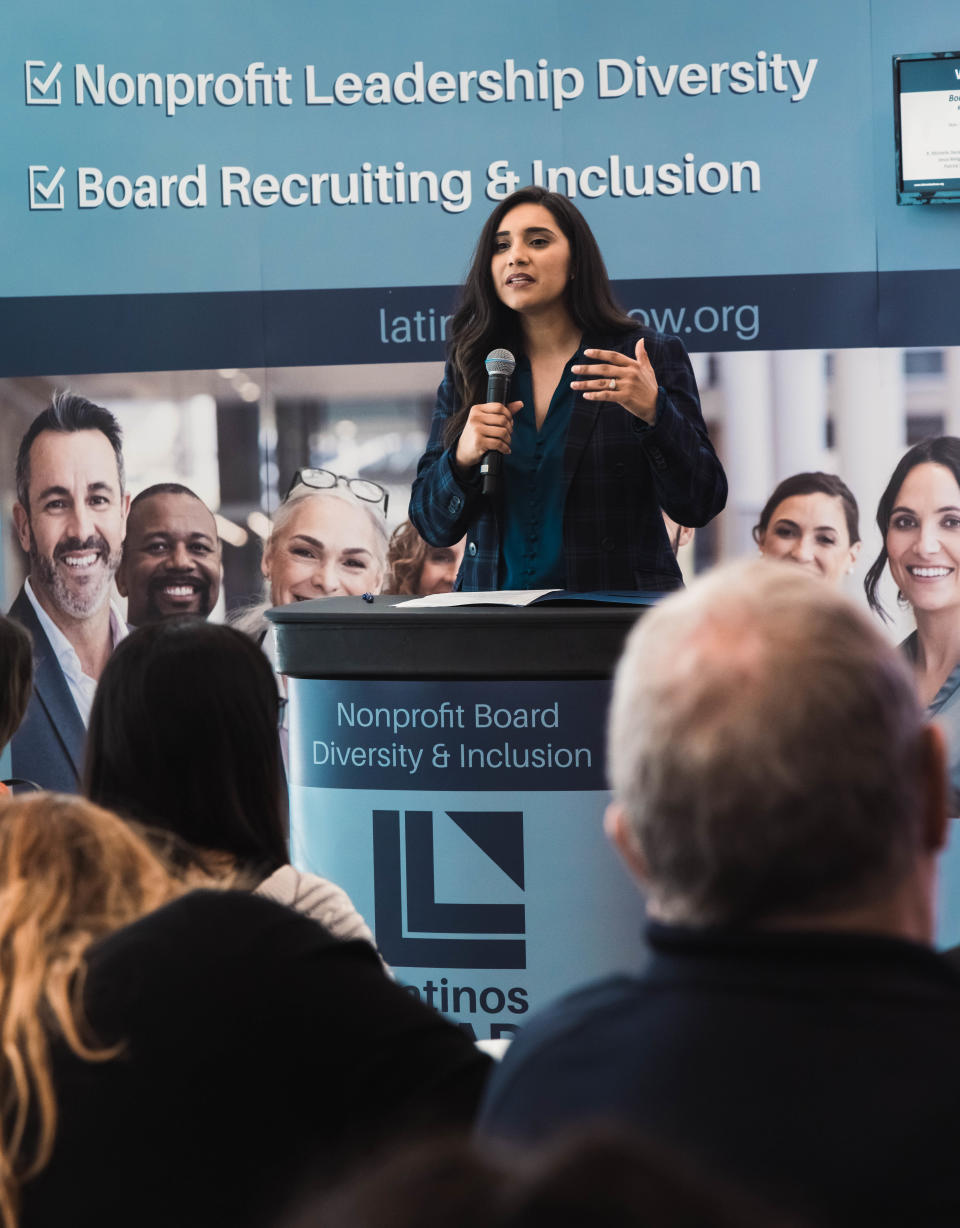 Assemblymember Sabrina Cervantes makes opening remarks during a Latinos Lead Panel with The CIELO Fund in Riverside, Calif, on Sept. 21, 2023.