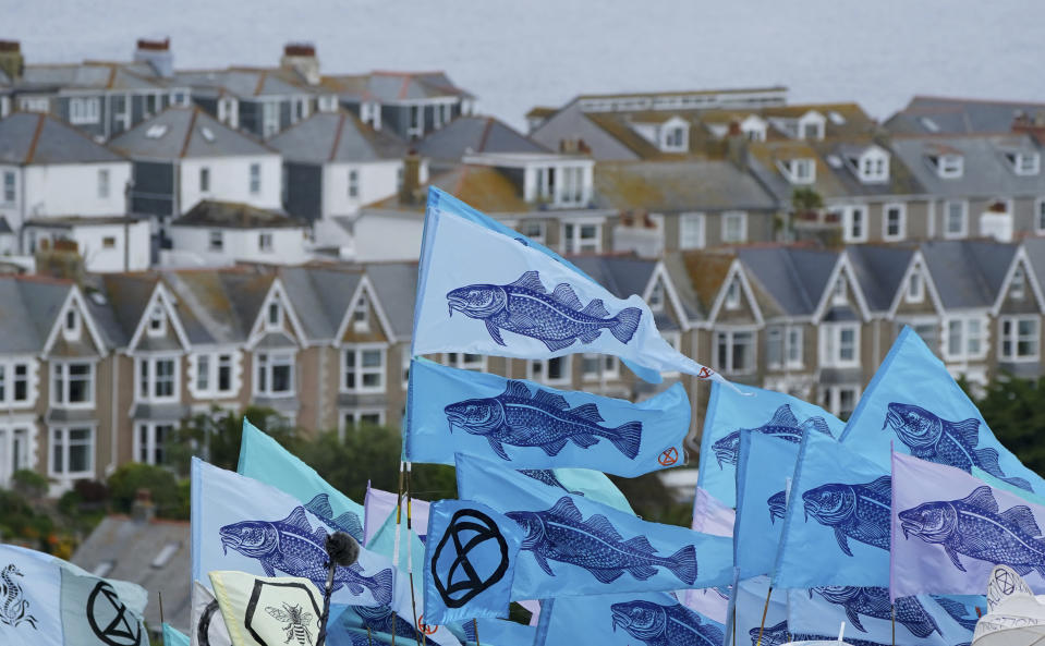 Protestors wave flags during a demonstration near the G7 meeting taking place in St. Ives, Cornwall, England, Friday, June 11, 2021. Leaders of the G7 begin their first of three days of meetings on Friday in Carbis Bay, in which they will discuss COVID-19, climate, foreign policy and the economy. (AP Photo/Jon Super)