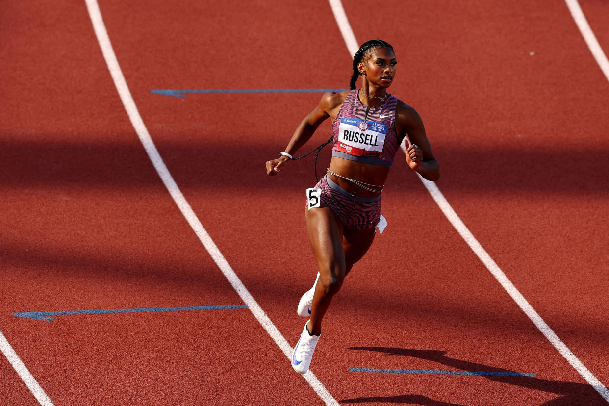 Masai Russell looks on after competing in the first round of the women's 100 meter hurdles on Day Eight of the 2024 U.S. Olympic Team Track and Field Trials in Eugene, Ore. on June 28, 2024.<span class="copyright">Patrick Smith—Getty Images</span>