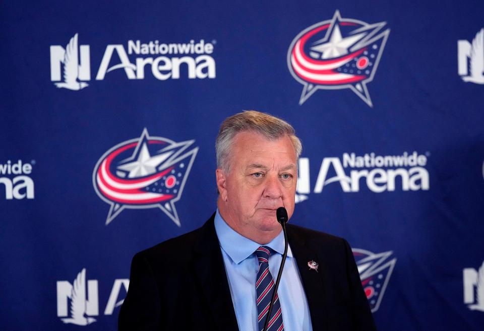 May 29, 2024; Columbus, OH, USA; Don Waddell has been hired as president of hockey operations and general manager for the Columbus Blue Jackets during a media press conference at Nationwide Arena.