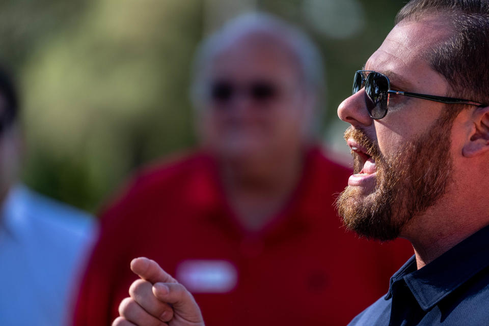 Rep. Jake Hoffman, R-Queen Creek, speaks during a Turning Point USA rally at Pioneer Park in Mesa on Oct. 1, 2022.