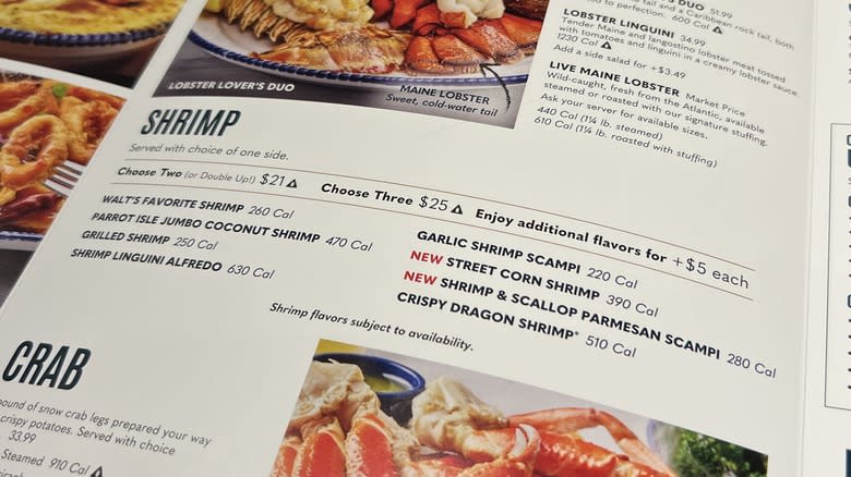 Red Lobster menu